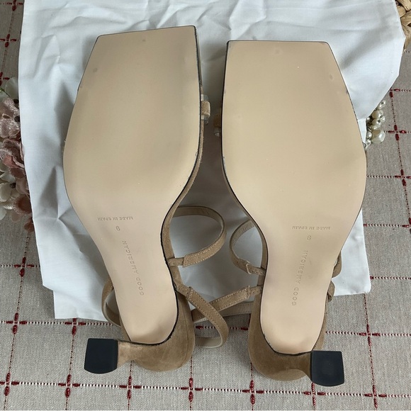 Good American Suede Strappy Heels Gold Square Toe Sz 9 Light Brown Leather New - Picture 6 of 8